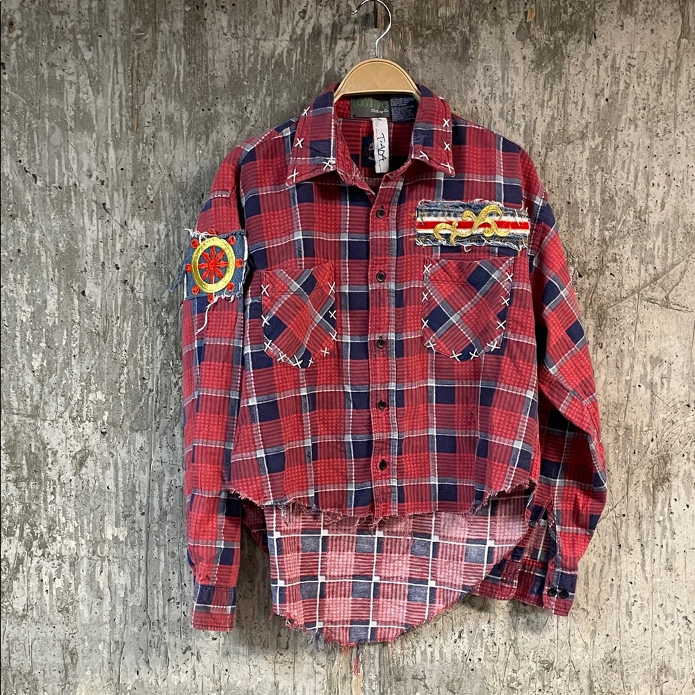 ORIGAMI CRANE Women's Long Flannel Shirt Size L In Red